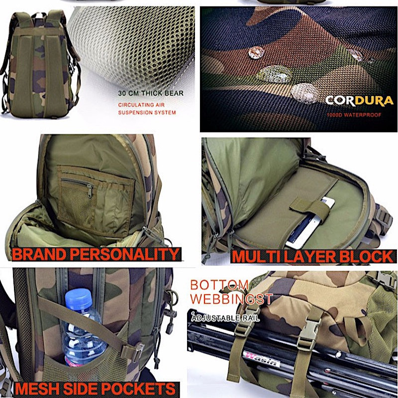 Cordura Nylon 1000D sports leisure travel tactical backpack - Black